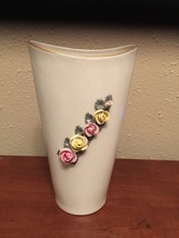 Vintage Dresden Tall Large Porcelain Roses Embossed Vase Pink Yellow Green White - £26.57 GBP