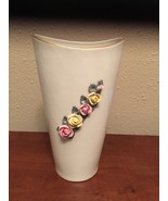 Vintage Dresden Tall Large Porcelain Roses Embossed Vase Pink Yellow Gre... - £26.00 GBP