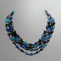 Vintage 4-Strand Blue &amp; Black Bead Necklace – Mid-Century Costume Jewelry - $19.80