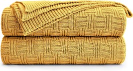 Cotton Mustard Yellow Knit Throw Blanket For Couch Sofa Beach Chair, 2.2... - $44.93
