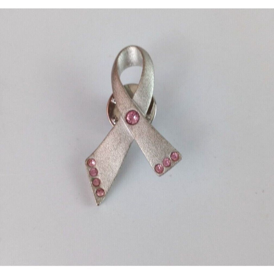 Vintage Avon Silver Breast Cancer Awareness Ribbon With Pink Jewels Hat Pin - $8.42