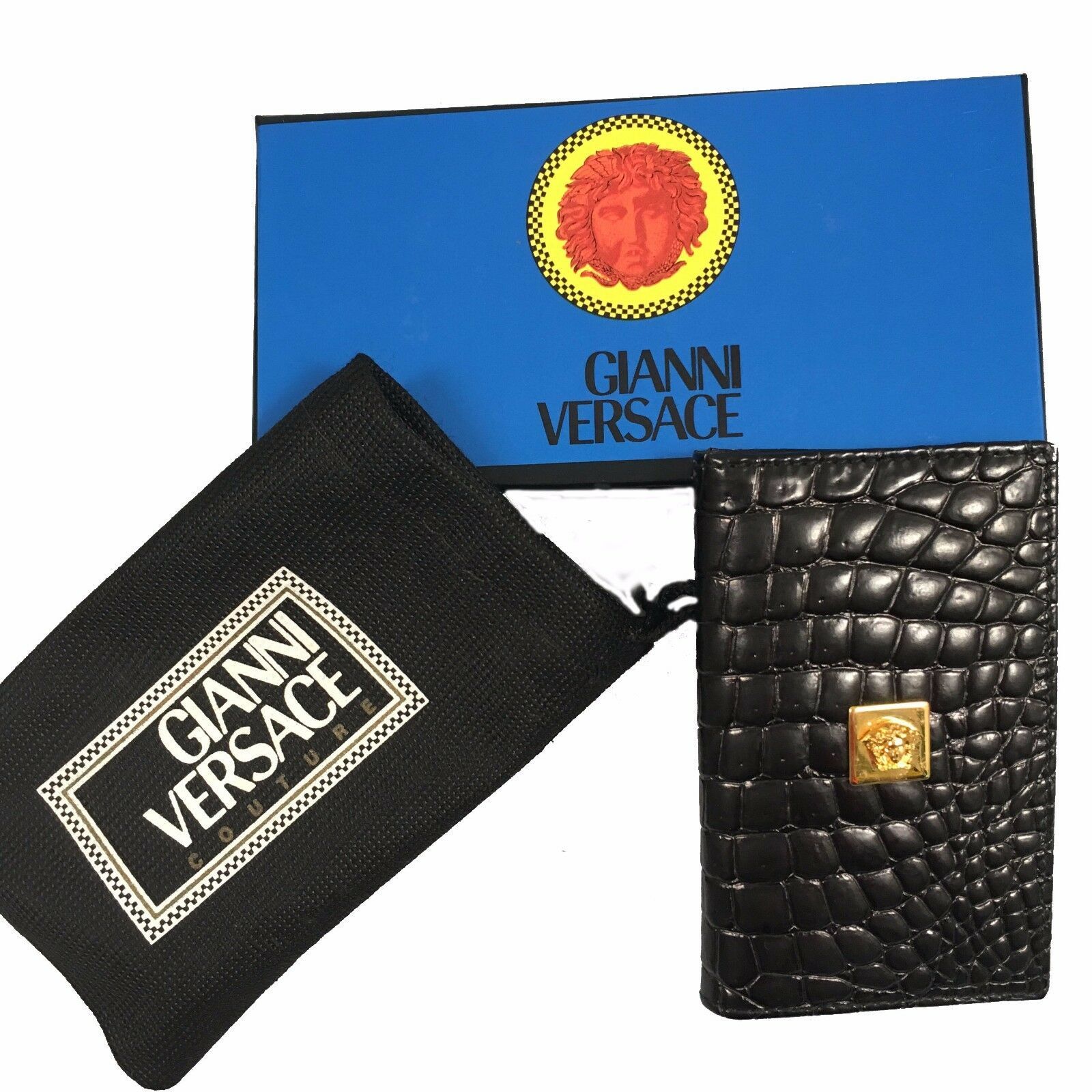 Primary image for NEW IN BOX Vintage 90's Gianni Versace Faux Crocodile Business Card Holder Black