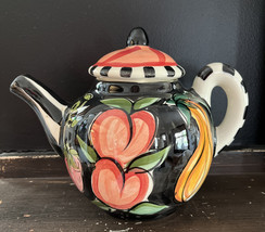 Vicki Carroll Studio Bon Appetitte Teapot Black White Stripe Eggplant Retired - £70.57 GBP