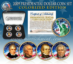 2009 USA COLORIZED PRESIDENTIAL $1 DOLLAR 4 COINS SET Gift Box Certified - $21.87