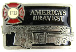 Vintage America&#39;s Bravest Firefighters Belt Buckle Black Red Enamel 2274 - $16.72