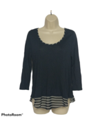 Ann Taylor Womens Blouse Top Size Small Navy Blue Scoop Neck Long Sleeve - $13.86