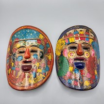 Mexican Clay Folk Art Colorful Masks Set of 2 Handpainted Birds Flowers Vtg - £30.79 GBP