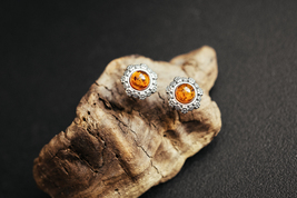 Delicate tiny flowers stud earrings with baltic amber. - $32.00