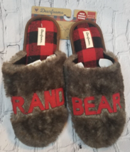 Dearfoams Grand Bear Slippers Unisex Faux Fur Red Blk Buffalo Check W11-12 M9-10 - £22.87 GBP