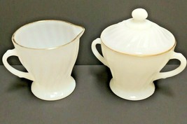Vintage Fire King Milk Glass Gold Trim Creamer &amp; Sugar With Lid Made In The USA - £26.14 GBP