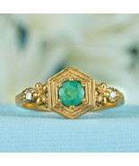 Natural Emerald and Diamond Vintage Style Filigree Ring in Solid 9K Yell... - $650.00