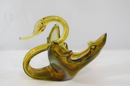 Sooner Art Glass Swan Bowl Green Swirl Ribbon Blown Swung Glass Hoosier? - £23.05 GBP