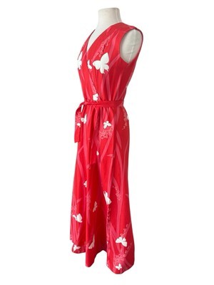Vtg Malia Honolulu Maxi Dress Bright Pink White Butterfly Retro Tiki Boho Sz 8 Item image 3