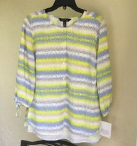 New Eillen Tracy Yellow Blue Linen Career Top Blouse Tunic Size L $89 - £39.40 GBP