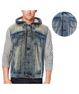Men&#39;s Faded Wash Cotton Blend Button Up Drawstring Hood Denim Jean Vest - $58.96 CAD