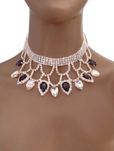 Vintage Inspired Evening Party Choker Necklace Clear Purple Acrylic Rhinestones - $31.35