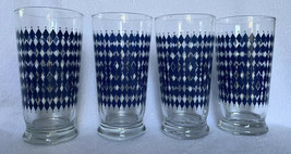 Vintage MCM Libbey Glass Tumblers Blue White Diamond Silver Dot Set Of 4 Glasses - £27.53 GBP