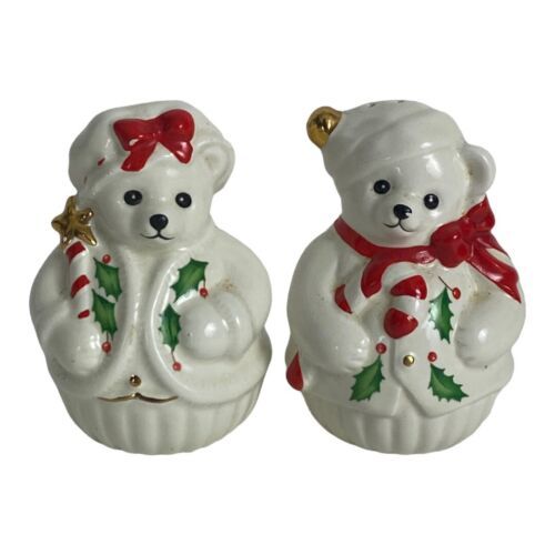 Lenox Holiday Bear Salt & Pepper Set White Red Holly Candy Candy Vintage - $24.08