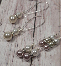 Glass Pearl Rhinestone Drop Pierced Earrings Handmade 3 Pair White Almond Cocoa - £11.72 GBP