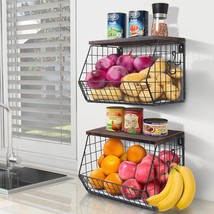 2Pcs Fruit Basket Onion Storage Wire Baskets With Wood Lid, Stackable Wall-Mount - £55.35 GBP