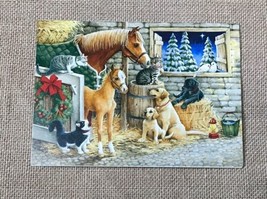 Kathy Goff An Evening With Friends Dogs Horses Cats Gather In Barn Holiday Card - £2.59 GBP