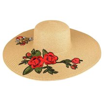 Trendy Apparel Shop Rose Bird Embroidered Ladies Large Brim Summer Floppy Straw  - £15.67 GBP