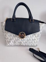 Michael Kors Hudson Large Navy &amp; White Signature Satchel Purse Bag READ - $69.29