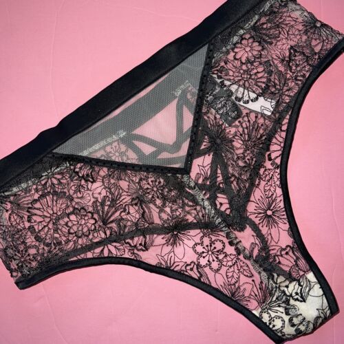 Victoria&#39;s Secret M HIGH-WAIST THONG Panty BEIGE Black Floral embroider ... - $29.69