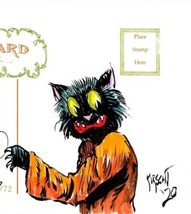 Halloween Matthew Kirscht Cat Placing The Moon Stars Hand Sketch #47 Postcard MK - £103.87 GBP