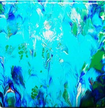 Ceramic trivet, 6x6 square, turquoise green abstract original art, pot h... - £7.97 GBP