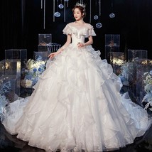 Wedding Dress Luxury Lace Wedding Gown With Train Ball Gown Classic Cap Sleeve P - £290.05 GBP