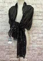 CEJON Womens Black Sequin Wrap Scarf Scalloped Edge Sheer Dressy Party Evening - £25.79 GBP