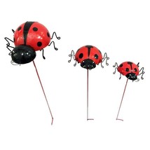 Ladybug Garden Stakes Set of 3 Double Pronged Metal Up to 28" High Red Black