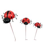 Ladybug Garden Stakes Set of 3 Double Pronged Metal Up to 28&quot; High Red B... - £27.68 GBP