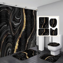 Nkzply 4-Piece Sets Of Black Marble Shower Curtains And Rugs, Gold Bathroom Sets - £25.75 GBP