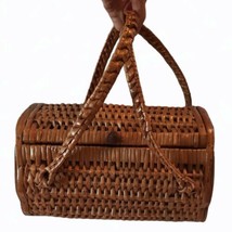 Vintage Basket Purse Woven Beige Wicker Handbag Double Handles - £28.48 GBP