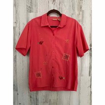 Bobbie Brooks Button Up Shirt Large Coral Orange Embroidered Embellished - £10.14 GBP