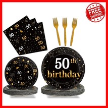 Complete 50th Birthday Party Kit - 96 Pcs Black Gold Decor Serving 24 Gu... - $576.72 MXN