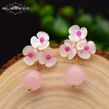 GLSEEVO Natural Pink Round Crystal Drop Earrings Women Shell Flower Fresh Water  - £18.50 GBP