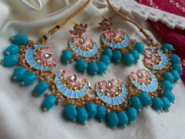 Gold Plated Indian Bollywood Style Enameled Kundan Choker Necklace Jewelry Set - $38.15