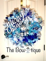 Blue Snowman Merry Christmas Ribbon Door Wreath Handmade 22 ins LED W21 - £74.27 GBP