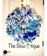 Blue Snowman Merry Christmas Ribbon Door Wreath Handmade 22 ins LED W21 - £74.70 GBP