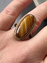 Vintage Avon Signed Long Oval Brown &amp; White Striped Glass Cab Goldtone R... - $7.69