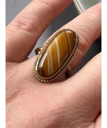 Vintage Avon Signed Long Oval Brown &amp; White Striped Glass Cab Goldtone R... - £6.13 GBP