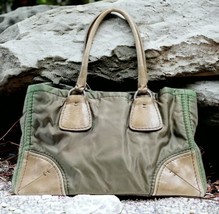 Prada Large Hand Bag Green Ombre Nylon + Brown Leather Clean Interior Po... - $275.81