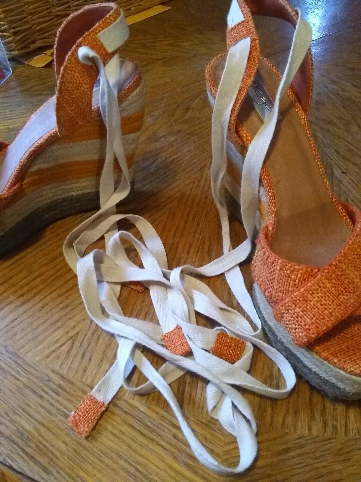 Halogen Woven Rope Lace-up Strappy Wedge Sandals Orange Tan - Fashion