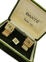 Dante Cufflinks Genuine Jade Mesh Set Gold Tone Wedding Tux Vintage IOB - £79.61 GBP
