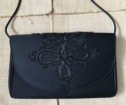 Vintage Crown Lewis Embellished Flap Black Satin Evening Bag Purse Cord ... - £19.42 GBP