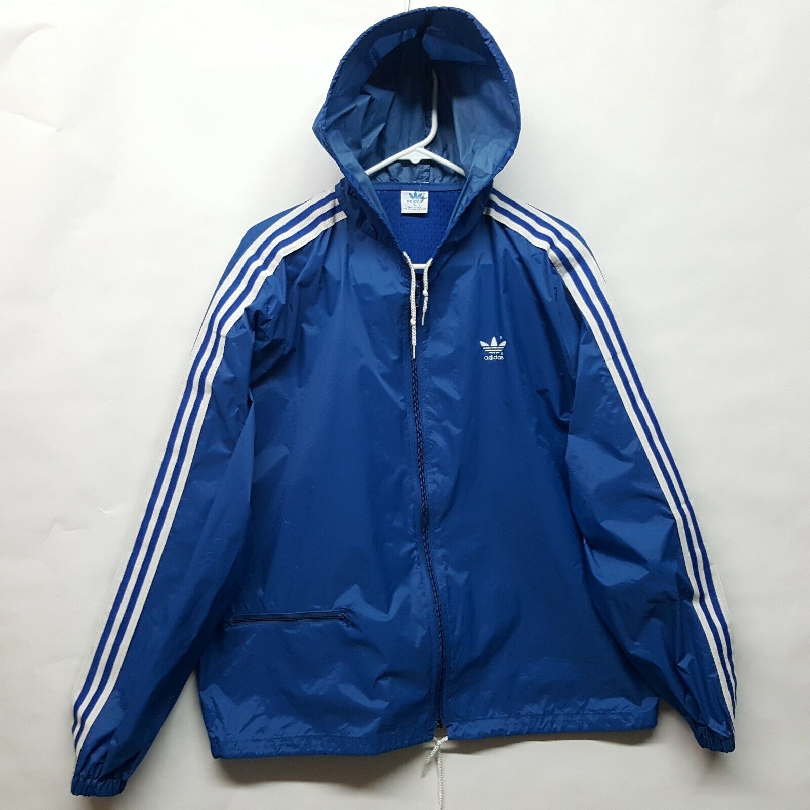 Vtg Adidas USA Made Nylon Taffeta Running Windbreaker Hooded Jacket Blue... - £125.04 GBP