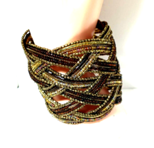 Vintage Retro Gold Color &amp; Bead Wide Cuff Bracelet - £12.57 GBP